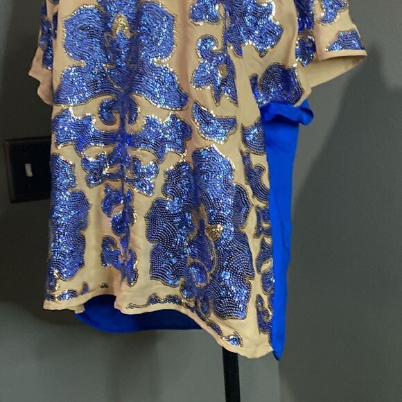 Tracy Reese Blouse Neiman Marcus Target Sequin Top Royal Blue Beige Tan New - Picture 5 of 10